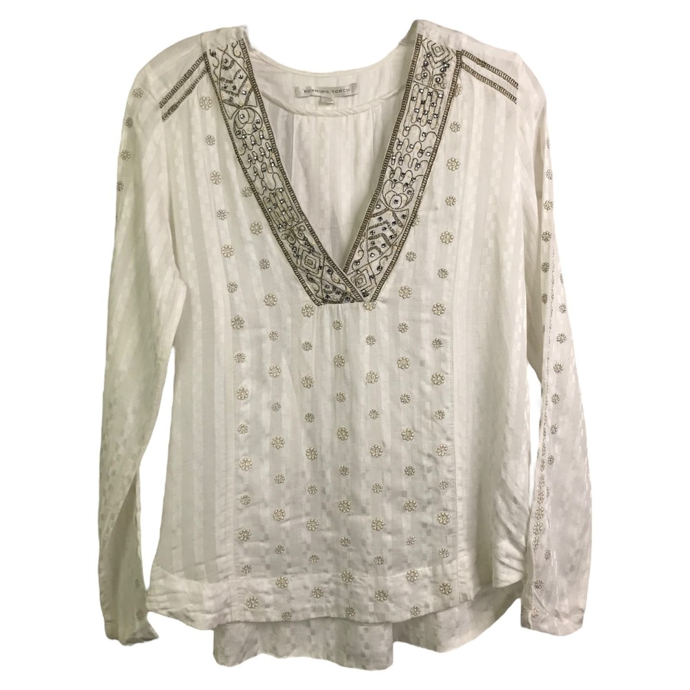 Burning Torch Women Tunic Top Boho White‎ Floral Gems Long Sleeve V-Neck S $395